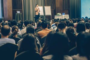 person giving an effective speech to a crowd